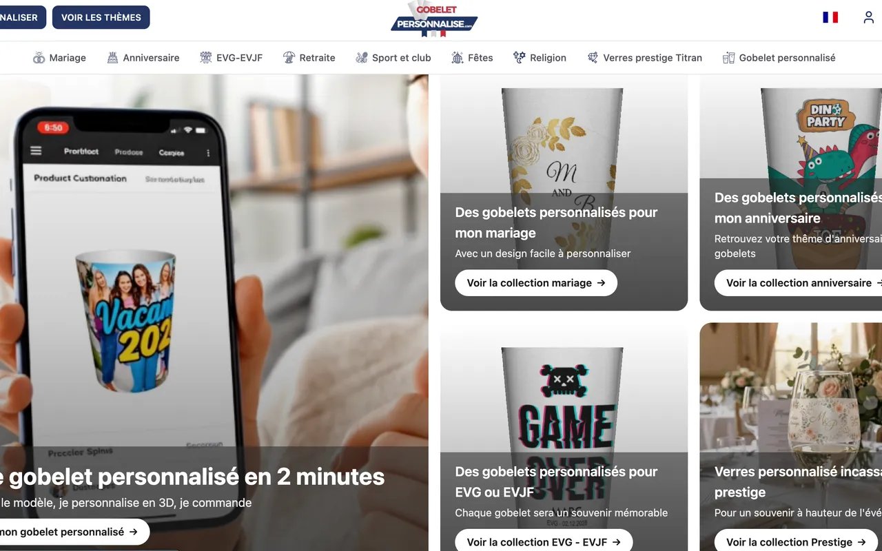 Screenshot of the Gobelet Personnalisé website