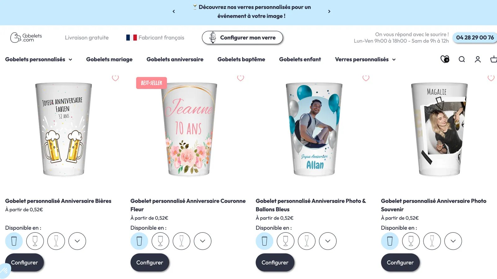 Screenshot of the Gobelets.com website